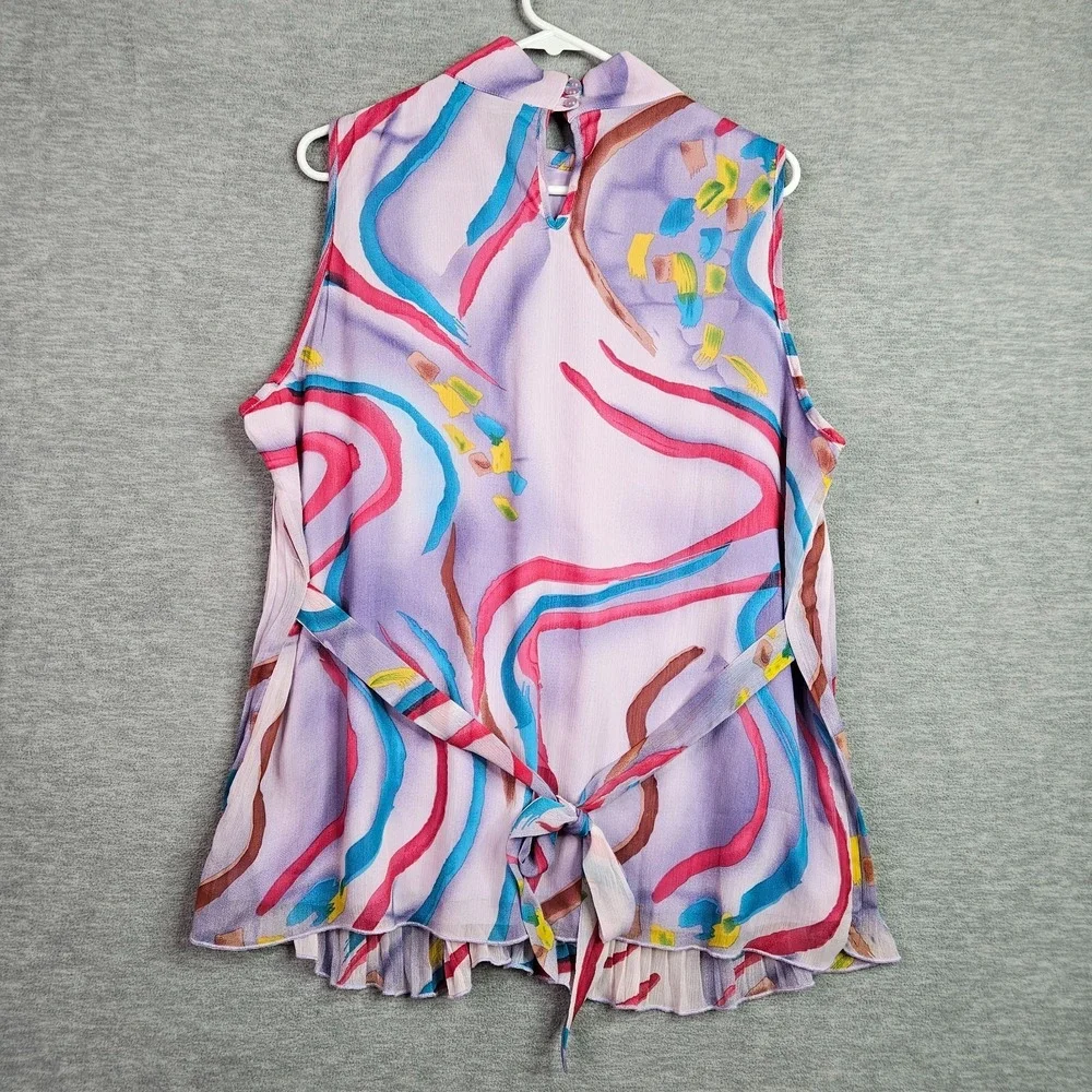 Madison Paige II Women Sleeveless Pleated Blouse Top Mock Neck Tie Multicolor 1X